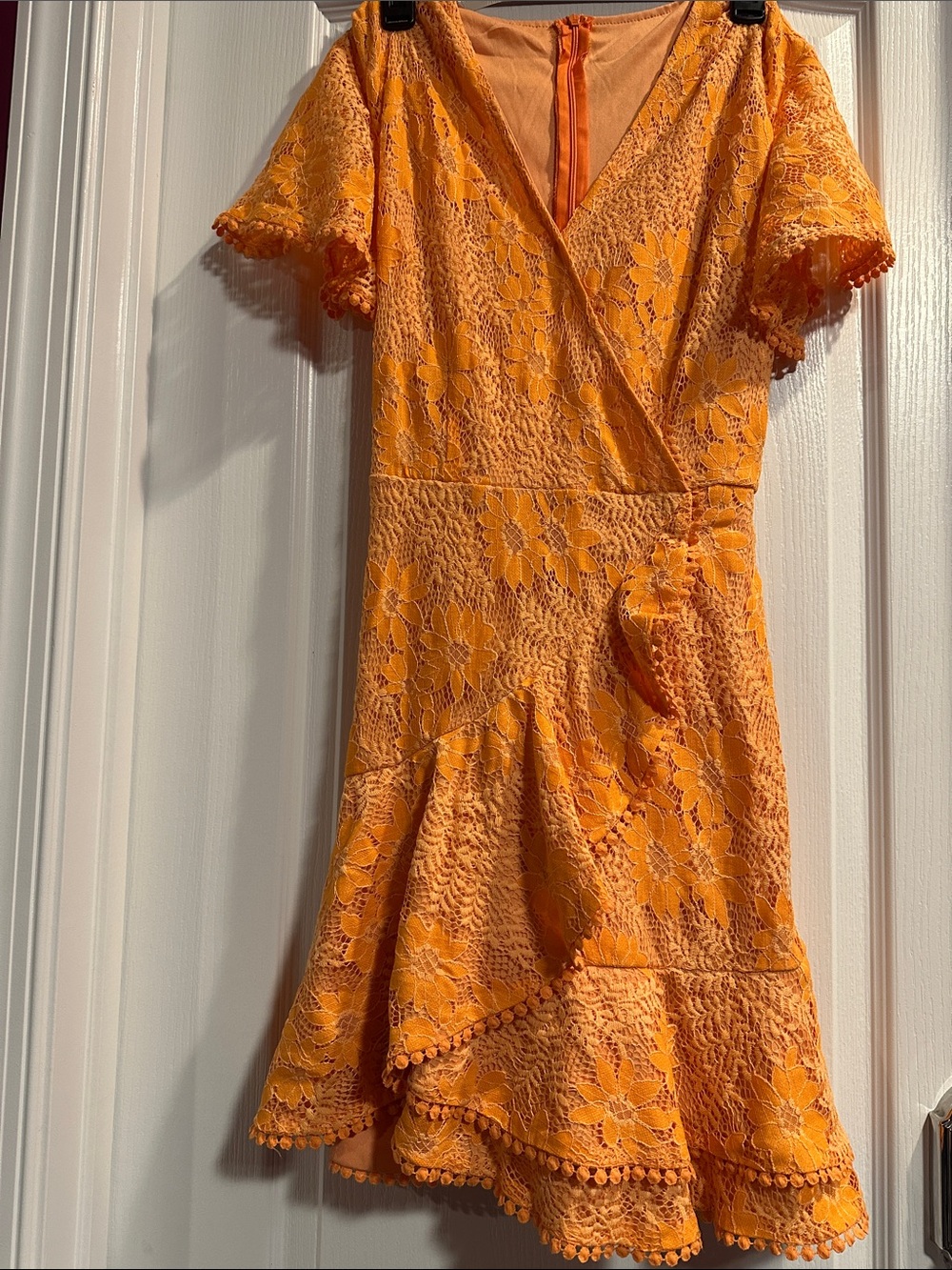 Girls Orange Lace Wrap Dress with Ruffle Hem